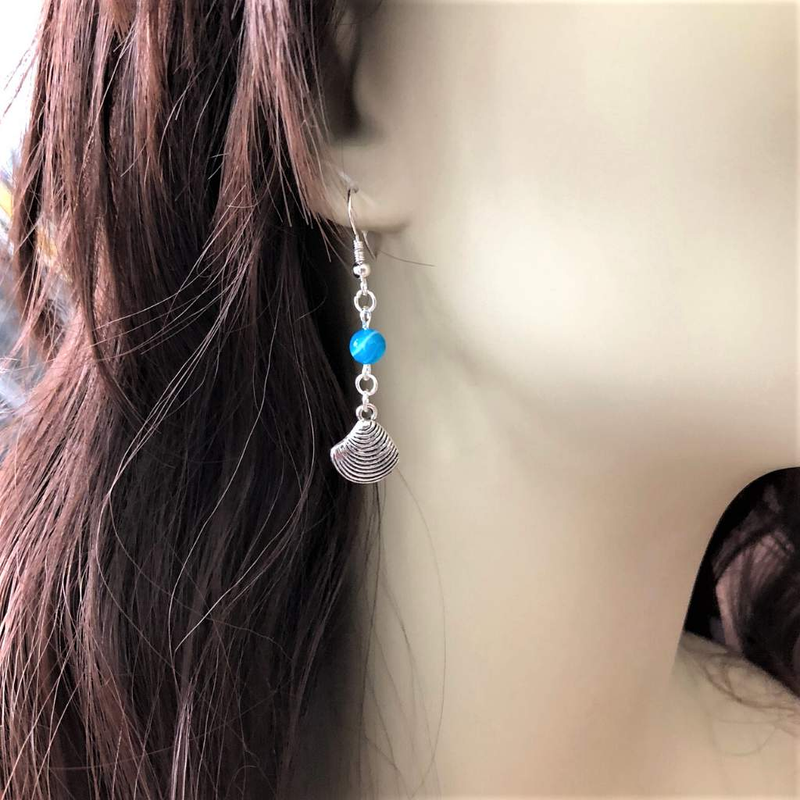 Silver Sea Shell and Blue Agate Bead Earrings-Shell,Silver Earrings