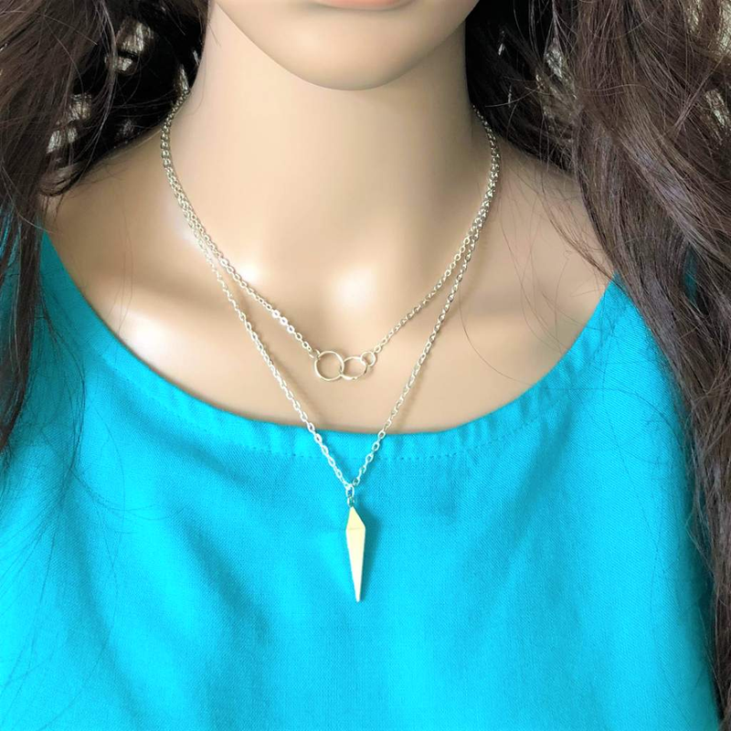 Silver Spike and Double Ring Layered Necklace-