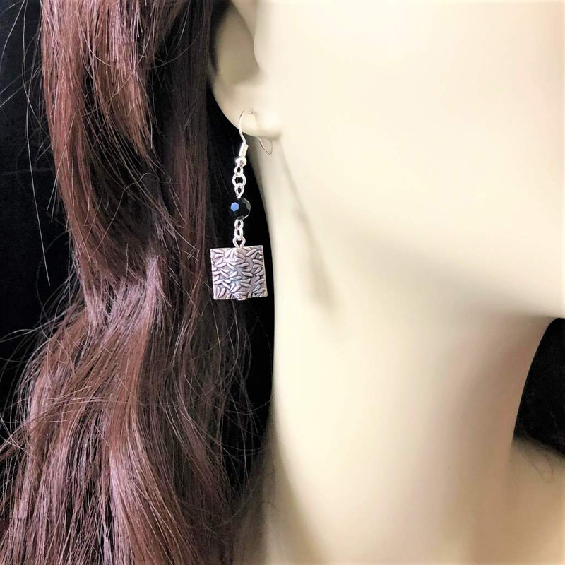 Silver Square and Black Swarovski Crystal Drop Earrings-Black,Dangle Earrings,Silver Earrings
