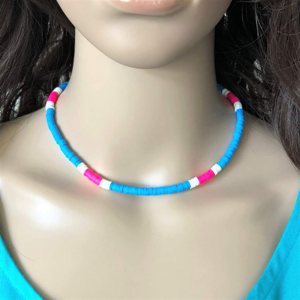 Sky Blue Pink and White Polymer Beaded Necklace-Beaded Necklaces,Blue,Pink,White