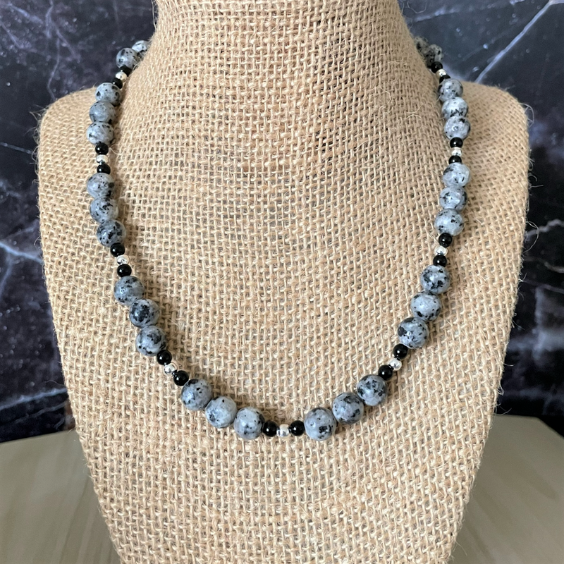 Mens Snowflake Obsidian and Black Onyx Beaded Necklace