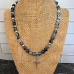 Storm Line Matte Agate and Silver Cross Mens Necklace