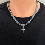 Storm Line Matte Agate and Silver Cross Mens Necklace