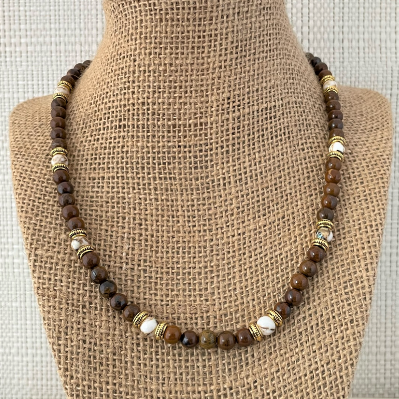 6mm Tigers Iron , White Mosaic and gold metal Mens Beaded Necklace