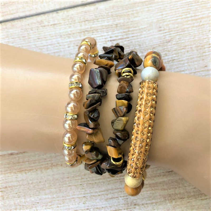 Tigers Eye Chip Bracelet Set-Beaded Bracelets,Brown,Tigers Eye
