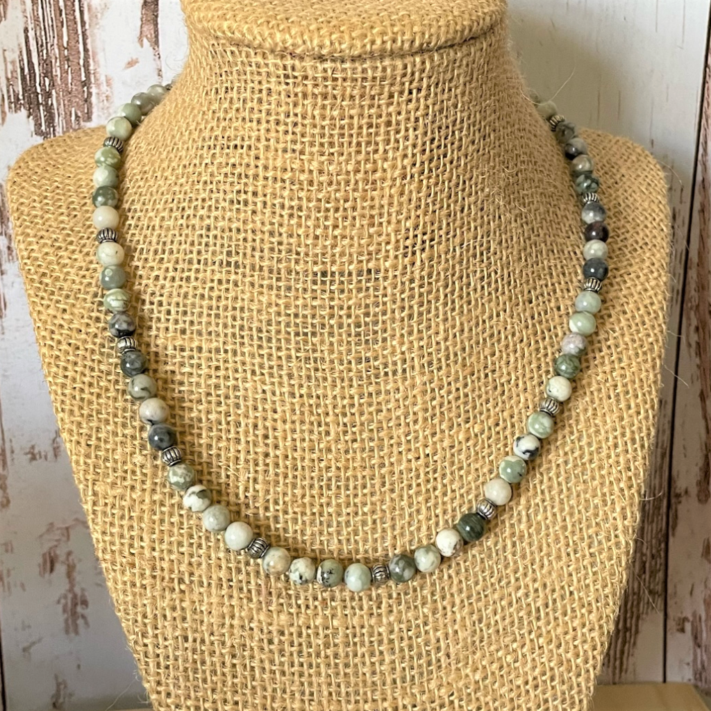 Mens Tree Agate and Silver Beaded Necklace