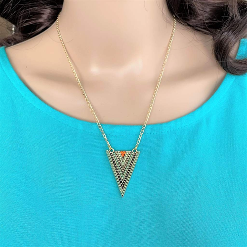 Green Triangle Beaded Gold Chain Necklace-Gold Necklaces,Green,Necklaces