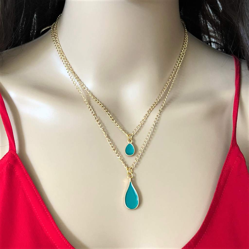 Colorful Enamel Teardrop Layered Gold Chain Necklace-Black,Blue,Gold Necklaces,Layered Necklaces,Turquoise