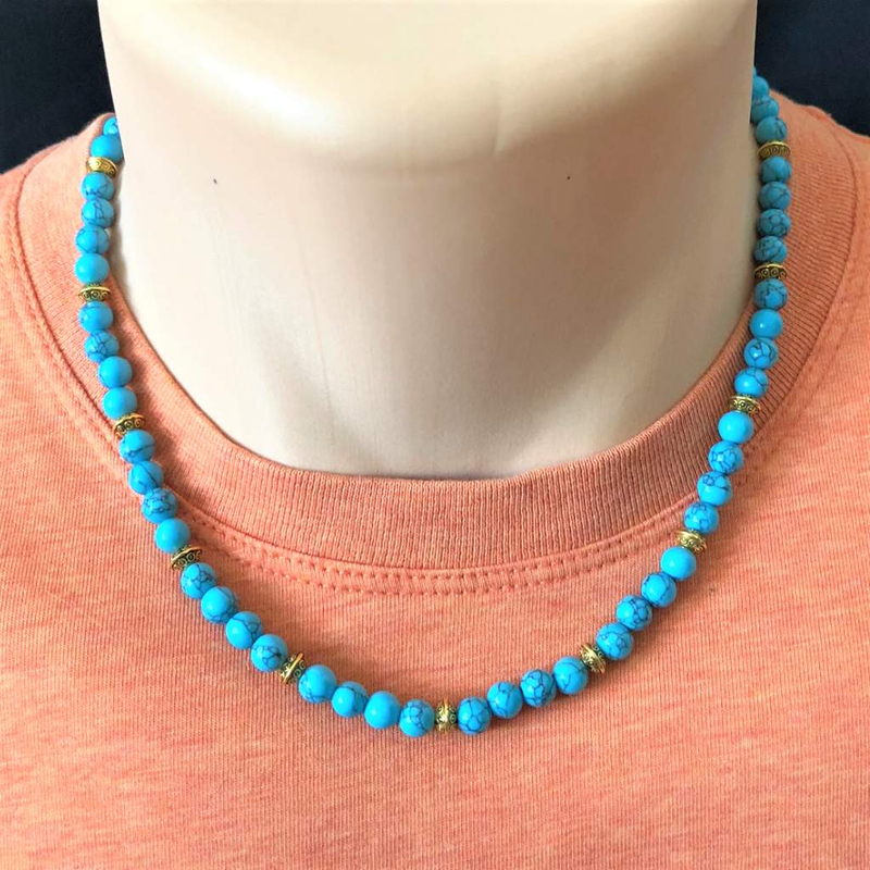 Mens Turquoise Howlite and Gold Disc Beaded Necklace-Beaded Necklaces,Blue,mens,Necklaces,Turquoise
