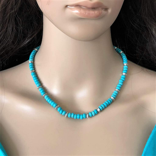 Turquoise Blue Magnesite and Silver Beaded Necklace-Beaded Necklaces,Turquoise