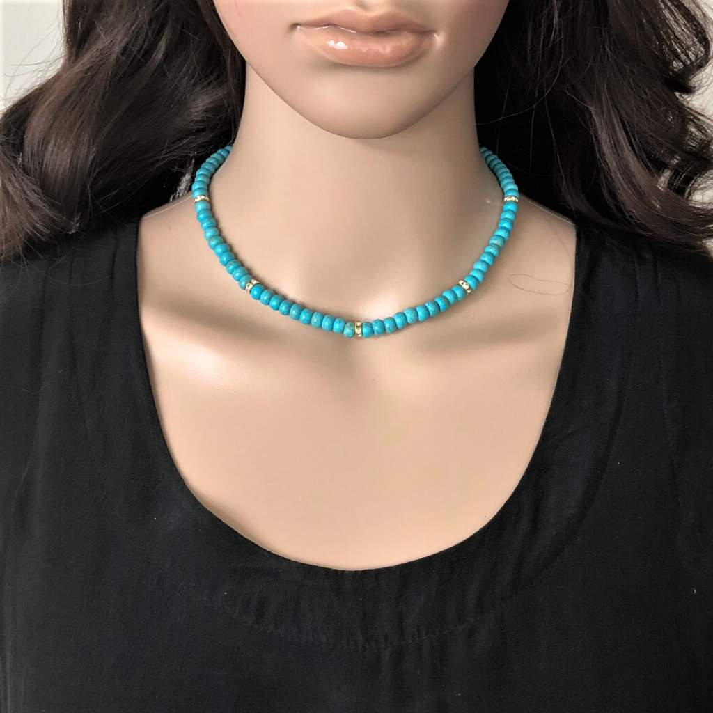 Turquoise Blue Magnesite and Crystal Rondelle Necklace-Beaded Necklaces,Turquoise