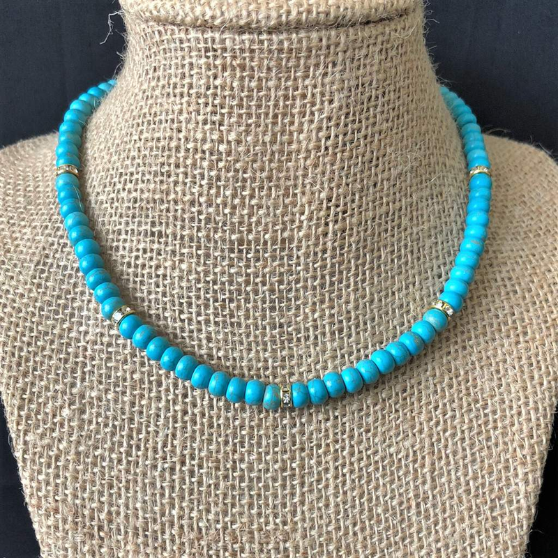 Turquoise Blue Magnesite and Crystal Rondelle Necklace-Beaded Necklaces,Turquoise