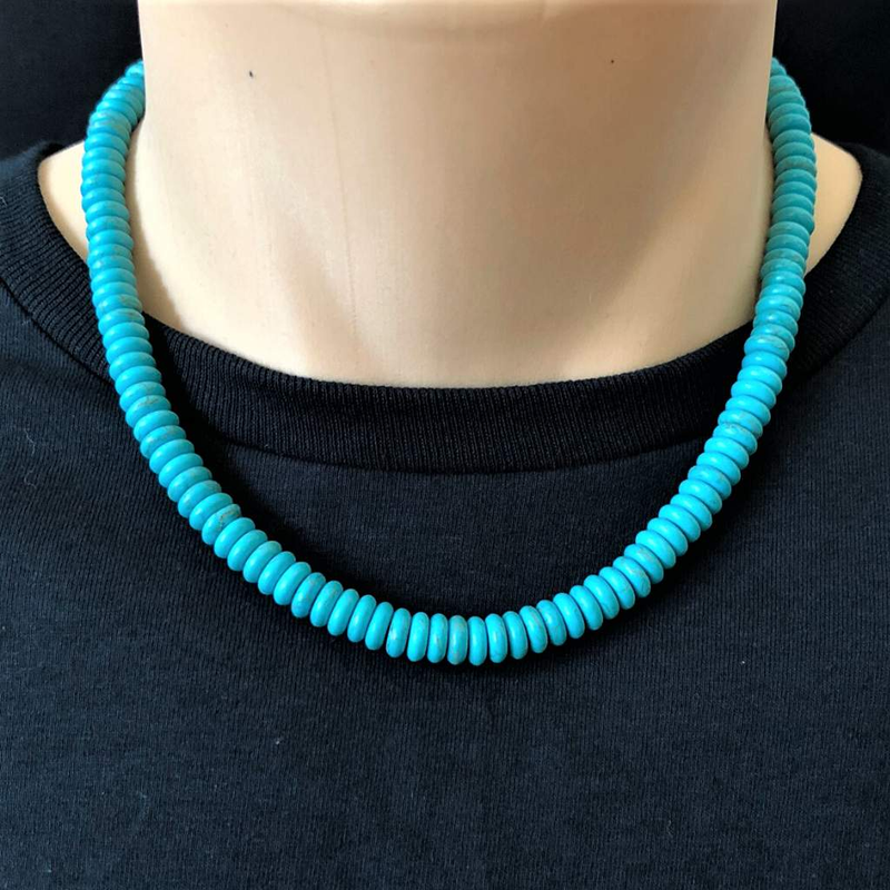 Turquoise Howlite Mens Disc Beaded Necklace-Beaded Necklaces,mens,Turquoise