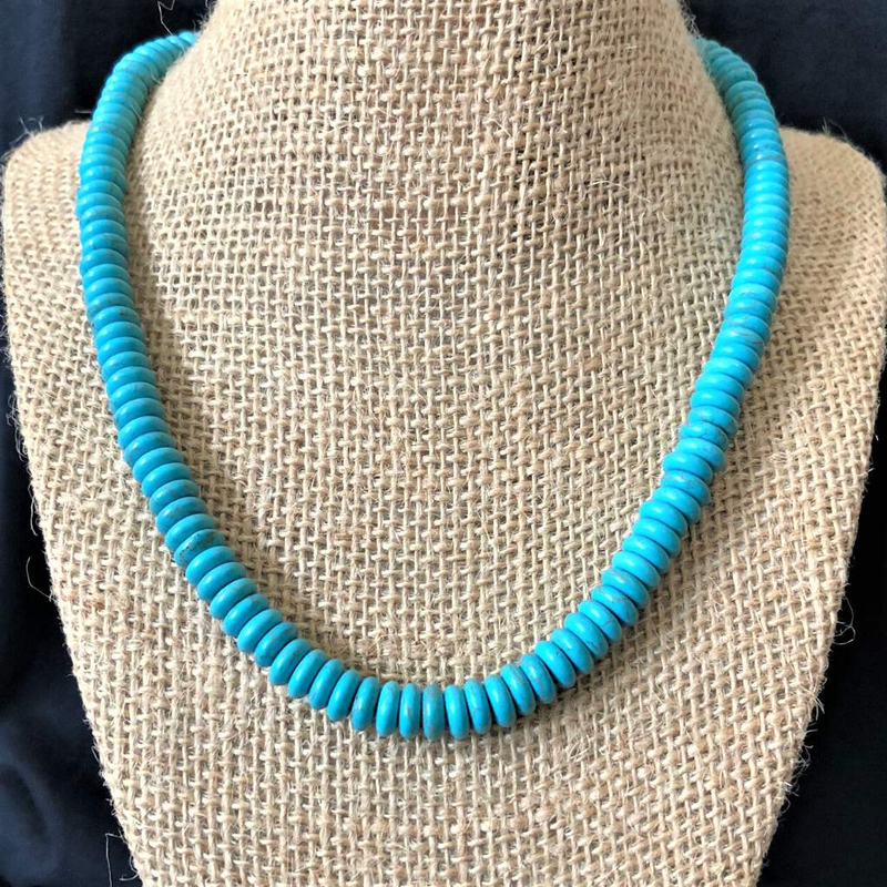 Turquoise Howlite Mens Disc Beaded Necklace-Beaded Necklaces,mens,Turquoise