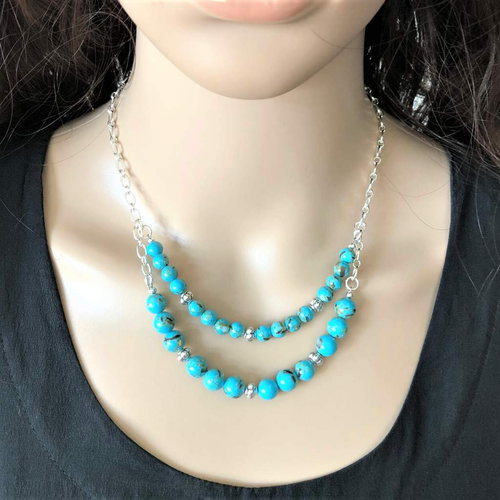Turquoise Howlite Layered Necklace-Beaded Necklaces,Layered Necklaces,Silver Necklaces,Turquoise