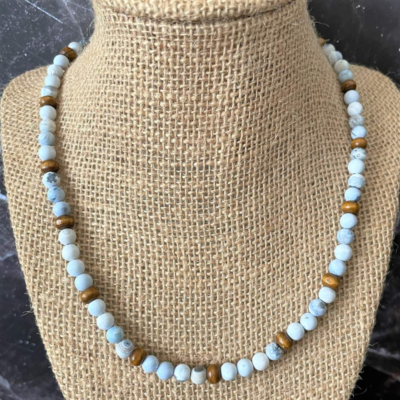 Blue and White Agate and Wood Mens Beaded Necklace-Beaded Necklaces,Blue,Matte,mens,Necklaces,White
