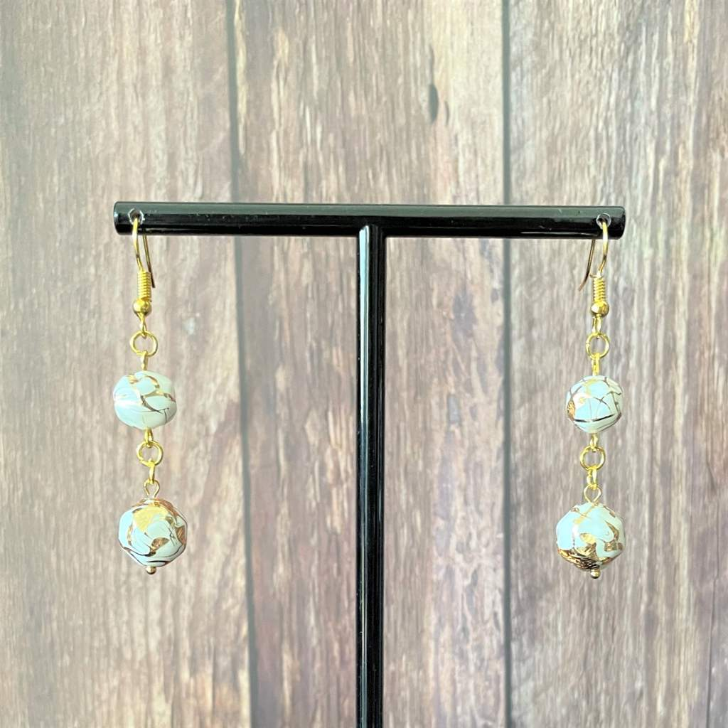 White and Gold Double Faceted Dangle Earrings-Dangle Earrings,Earrings,Gold,White