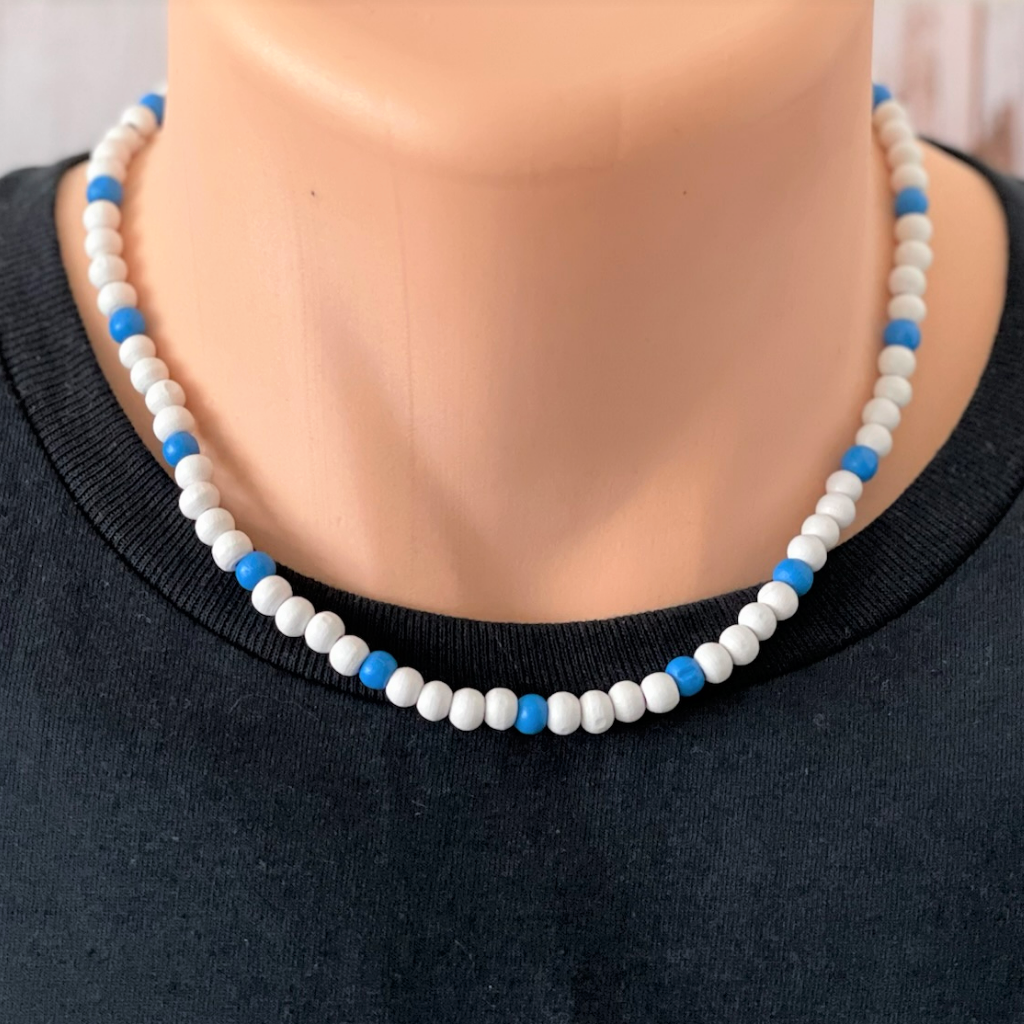 White and Royal Blue Mens Wood Beaded Necklace