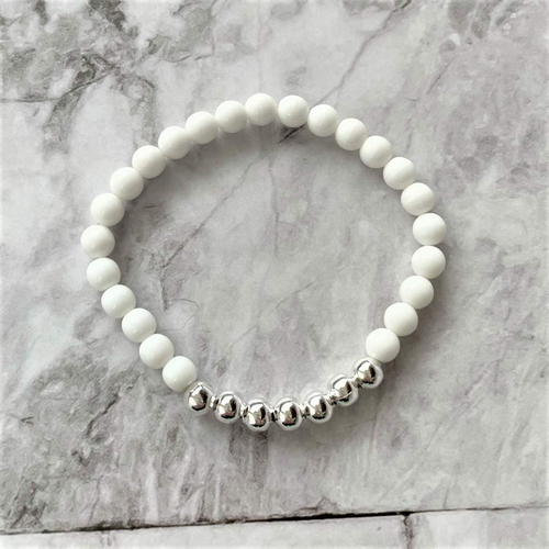 White Czech and Silver Round Beaded Bracelet-Beaded Bracelets,bracelets,Silver,Stacked,White
