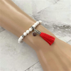 White Czech Glass Beaded Bracelet with Red Tassel-Beaded Bracelets,Red,Stacked,Tassel,White