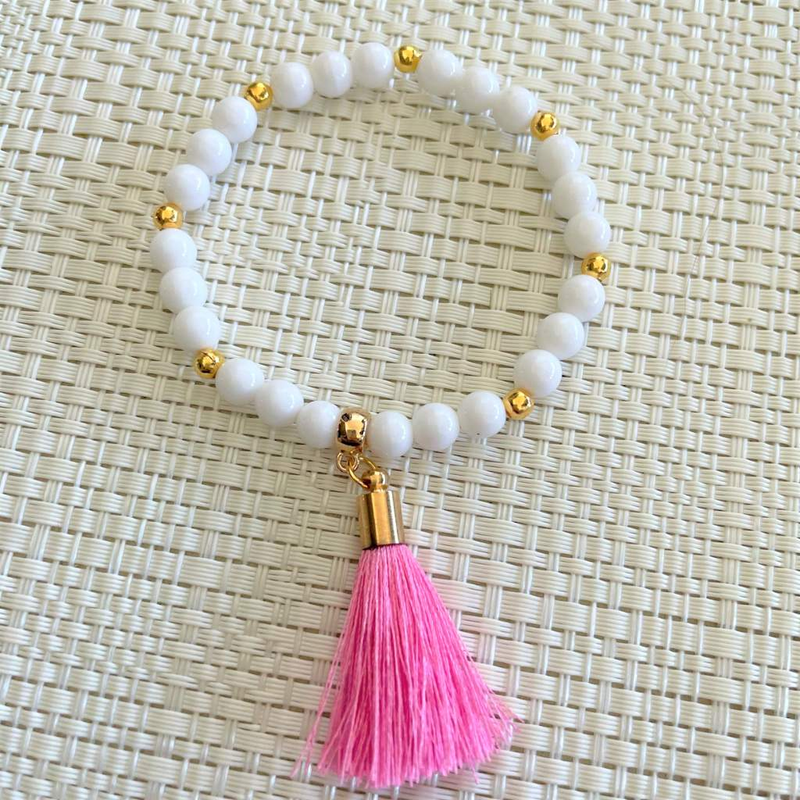 Womens White Czech Glass Beaded Bracelet with Pink Tassel.