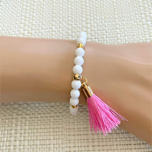 White Czech Glass Beaded Bracelet with Pink Tassel-Beaded Bracelets,bracelets,Pink,Tassel,White