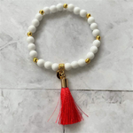 White Czech with Red Tassel and Gold Beaded Bracelet-Beaded Bracelets,Red,Stacked,Tassel,White