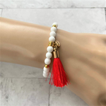 White Czech with Red Tassel and Gold Beaded Bracelet-Beaded Bracelets,Red,Stacked,Tassel,White