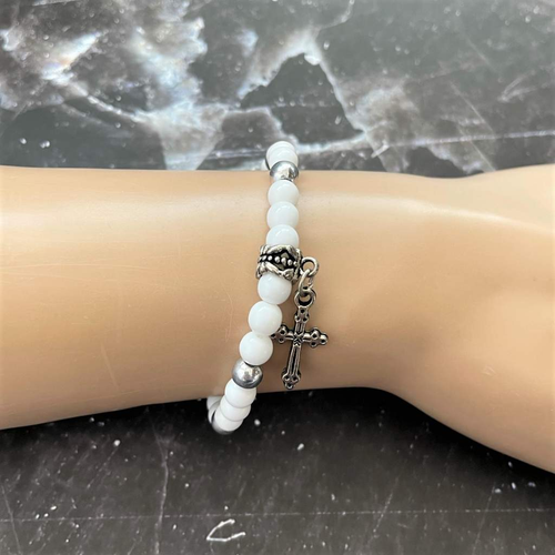 White Czech and Silver Cross Beaded Bracelet-Beaded Bracelets,Cross,Religious,Saint,Silver,Stacked,White