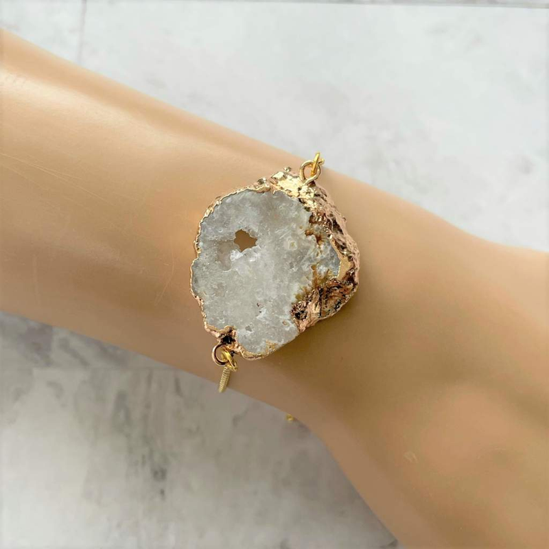 Womens White Druzy Gold Adjustable Chain Bracelet.