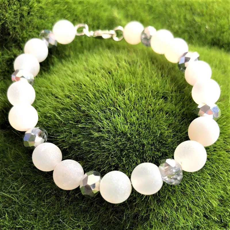 White Matte Agate and Silver Crystal Beaded Bracelet-Agate,Beaded Bracelets,bracelets,Stacked,White
