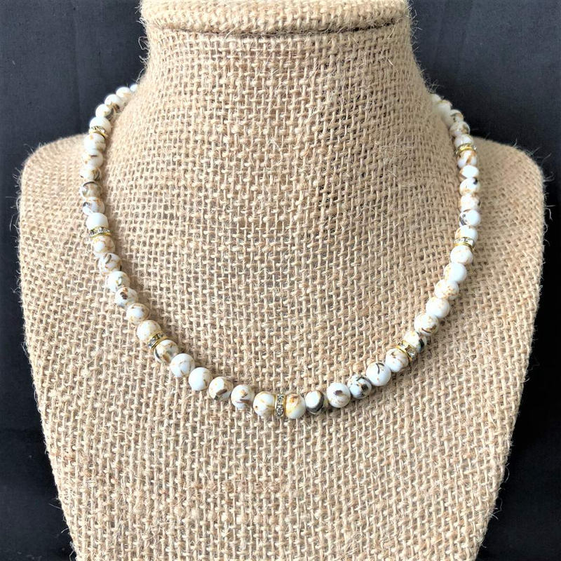 White Mosaic Shell and Rhinestone Necklace-Beaded Necklaces,White