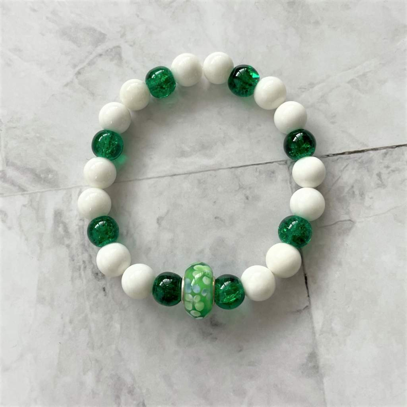 White Shell and Green Glass Beaded Bracelet with Accent Green Bead-Beaded Bracelets,Green,Shell,White