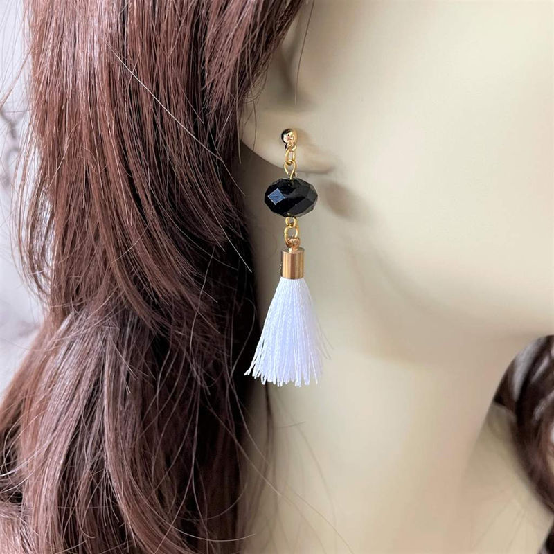 White Tassel and Black Crystal Post Earrings-Black,Crystal,Studs,Tassel,Tassel Earrings,White