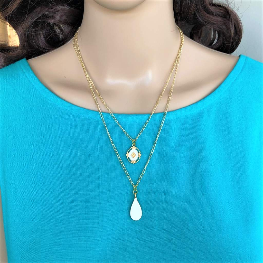White Teardrop Layered Gold Chain Necklace-Layered Necklaces,Necklaces,White