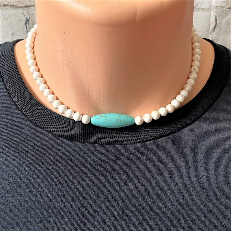 White and Turquoise Magnesite Mens Beaded Necklace 18"