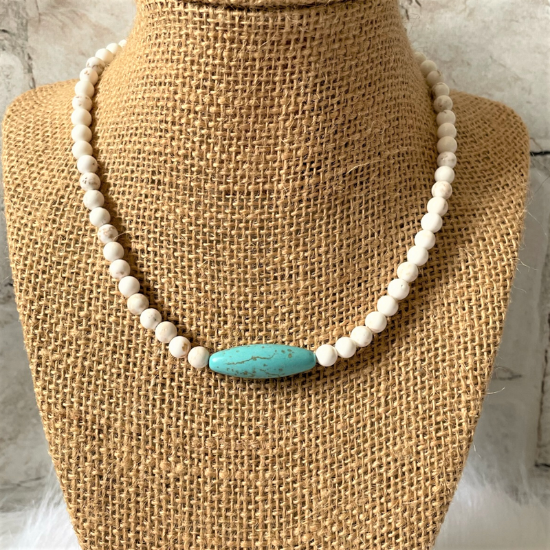 White and Turquoise Magnesite Mens Beaded Necklace