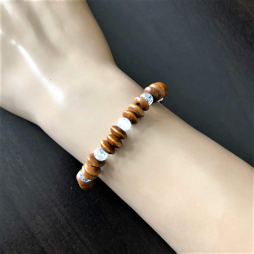 Wood and Crystal Rondelle Beaded Bracelet-bracelets,Brown,Stacked,Wood