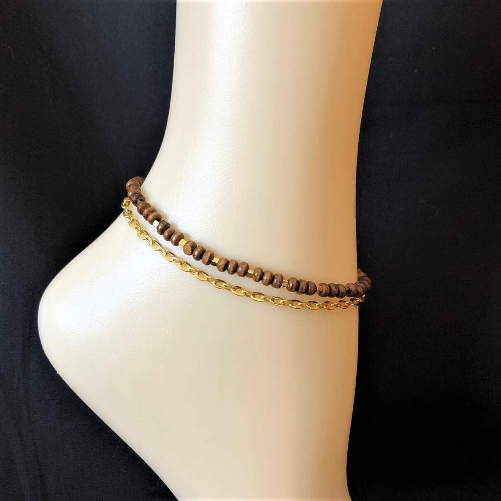 Wood and Gold Chain Layered Anklet-Anklets,Brown,Wood