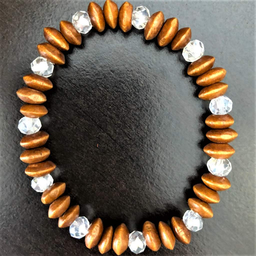 Wood and Crystal Rondelle Beaded Bracelet-bracelets,Brown,Stacked,Wood
