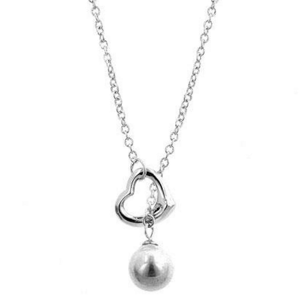 Silver Heart and Pearl Drop Lariat Necklace-Heart,Pearls,Silver Necklaces