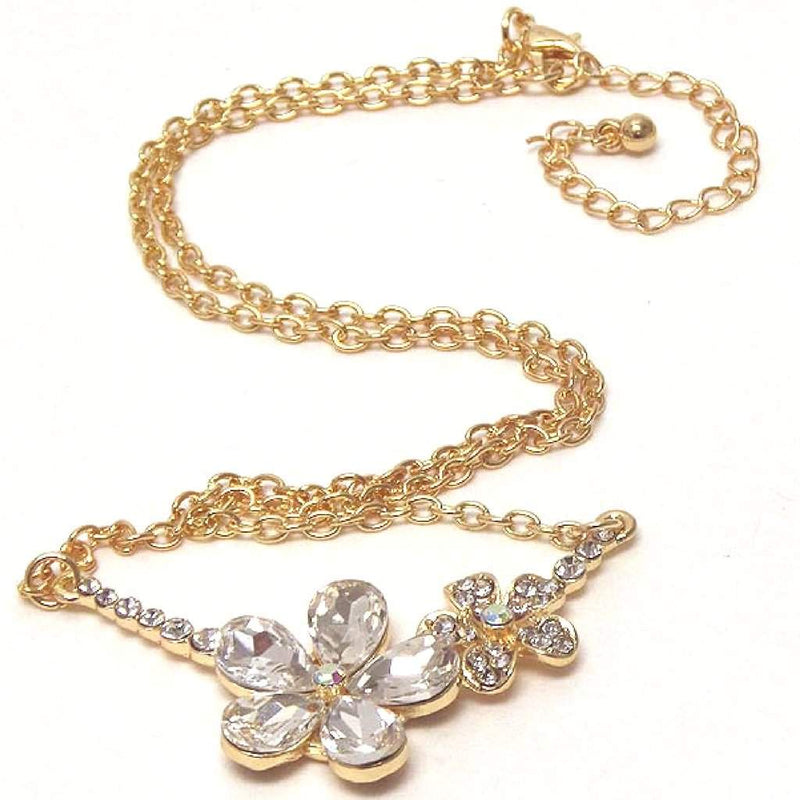 Double Gold Crystal Flower Link Necklace-Flower,Gold Necklaces