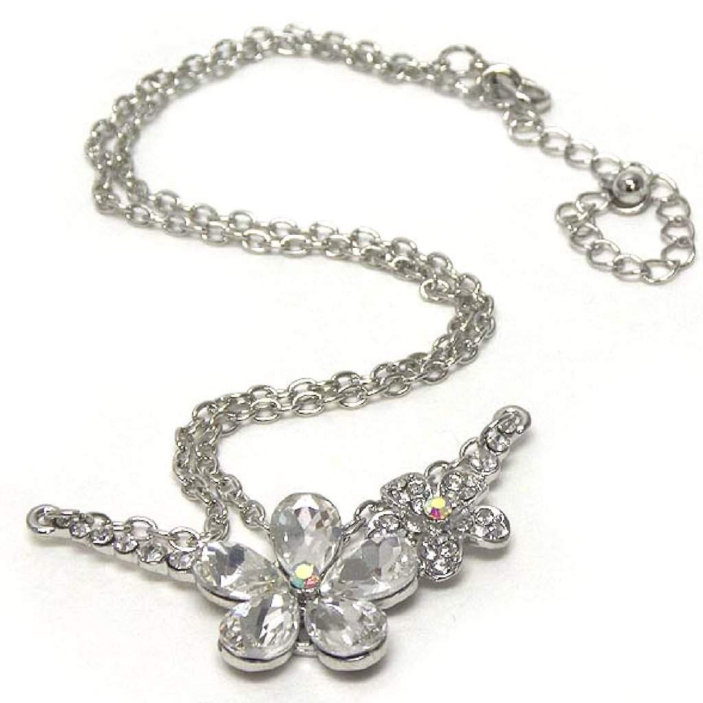 Double Silver Crystal Flower Link Necklace-Silver Necklaces