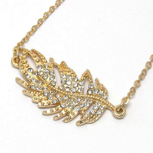 Gold and Crystal Leaf Pendant Necklace-Gold Necklaces,Necklaces