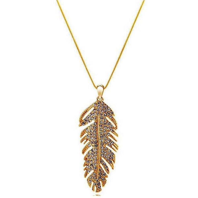 Gold and Crystal Feather Pendant-Gold Necklaces