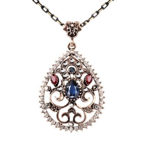 Antique Teardrop Blue Crystal Ornate Pendant Necklace-Antique,Blue,Gold Necklaces,Necklaces