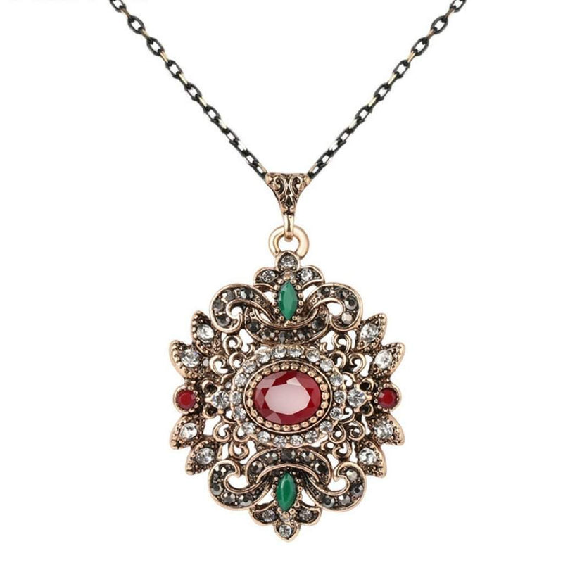 Red and Green Stone Ornate Gold Pendant Necklace-Gold Necklaces