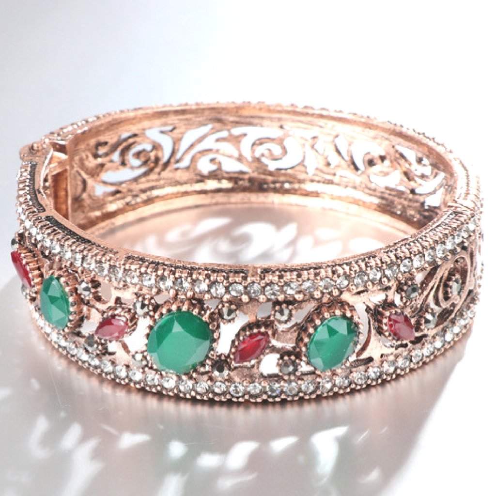Gold Antique Crystal Red and Green Bangle Bracelet-Bangle Bracelets,Crystal,Gold,Gold Bracelets,Green,Red