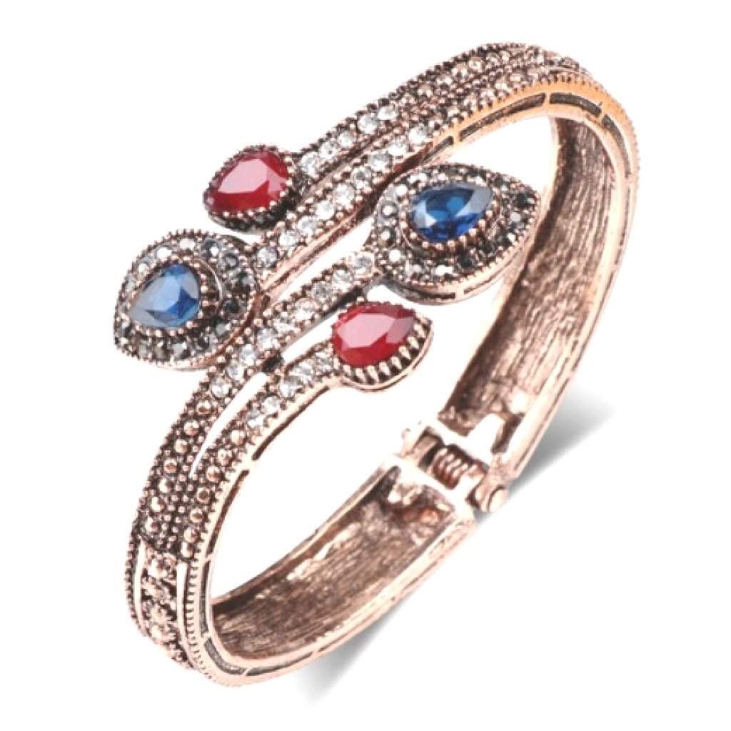 Antique Gold Bangle Bracelet with Red and Blue Stones-Bangle Bracelets,Gold Bracelets