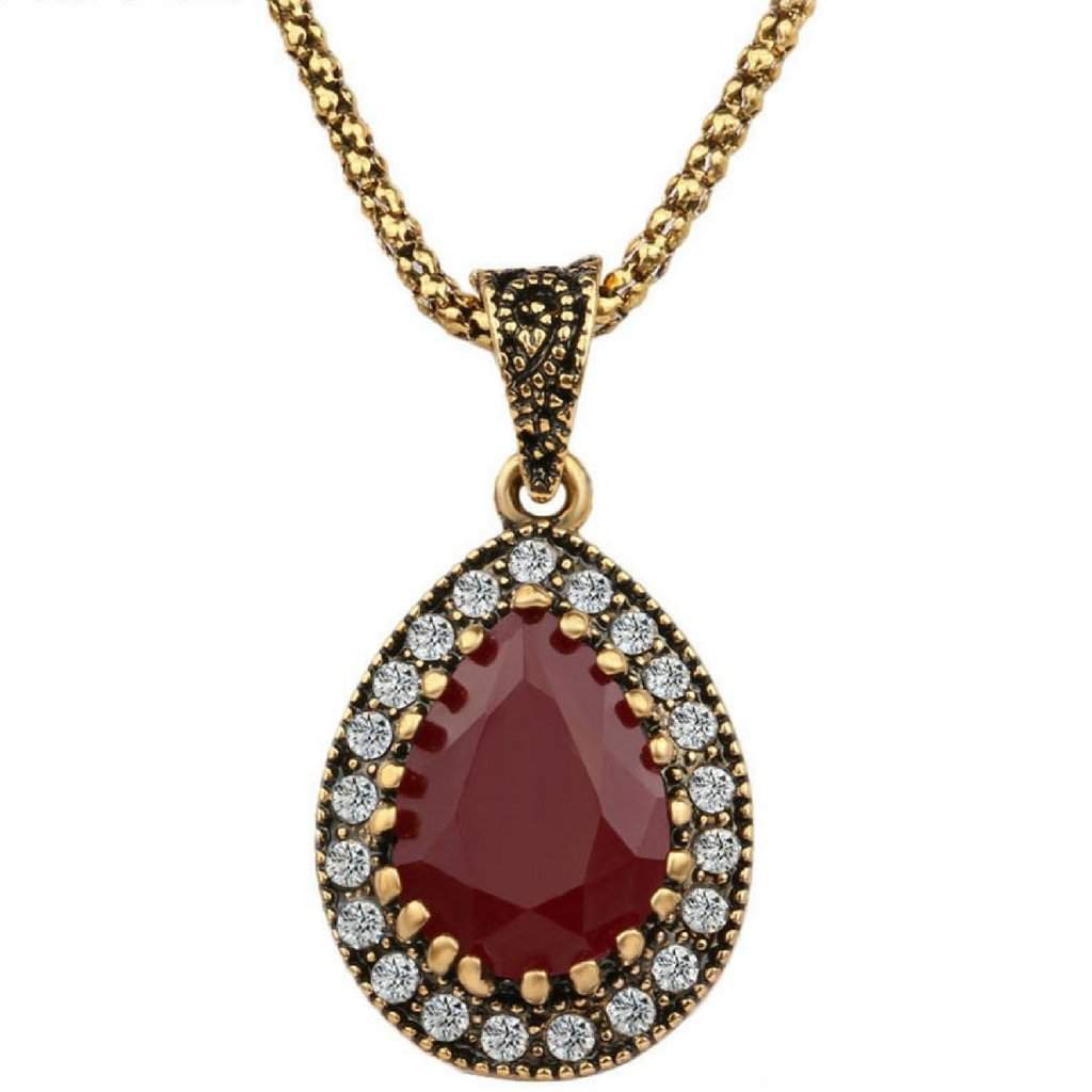 Red Antique Gold Teardrop Pendant Necklace-Antique,Gold Necklaces,Necklaces,Red